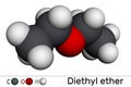 Diethyl ether, ethyl ether molecule. It is an ether in which the oxygen atom is linked to two ethyl groups. Molecular model. 3D Royalty Free Stock Photo