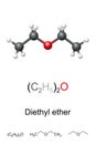 Diethyl ether, or simply ether, ball-and-stick model and formulas Royalty Free Stock Photo