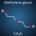 Diethylene glycol, DEG molecule. It is diol, solvent. Structural chemical formula on the dark blue background