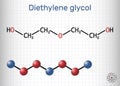 Diethylene glycol, DEG molecule. It is diol, solvent. Structural chemical formula and molecule model. Sheet of paper in