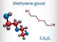 Diethylene glycol, DEG molecule. It is diol, solvent. Structural chemical formula and molecule model