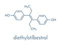 Diethylstilbestrol DES, stilboestrol synthetic estrogen molecule, chemical structure. Skeletal formula.