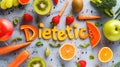 Dietic title text food lettering, made from yellow pepper with different fruits and vegetables around, on concrete table Royalty Free Stock Photo