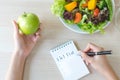 Dieting and calorie control for wellness. Woman calculate calories of food in breakfast during dieting for lose weight Royalty Free Stock Photo