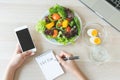 Dieting and calories control for wellness. Woman using smartphone calculate calories of food in breakfast during dieting for lose