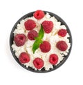 Dieting cottage cheese with fresh raspberry isolated on white background. Top view Royalty Free Stock Photo