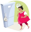Dieting lady and fridge Royalty Free Stock Photo