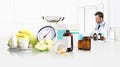Dietitian nutritionist doctor prescribes prescription sitting at the desk office with apple, yogurt, medical drugs, tape meter and