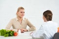 Dietitian in white coat and patient looking at each other