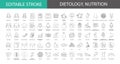 Dietology and nutritiology line icons set in vector, problems and obesity, weight loss and anorexia, personal menu and