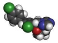 Difenoconazole fungicide molecule. 3D rendering. Atoms are represented as spheres with conventional color coding: hydrogen white.