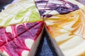 Diferent types of colorful cheesecake