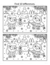 Difference game with two owls decorating christmas tree.