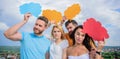 Difference between men and women. Thoughts of different sex. Bearded man and girl with speech bubbles. Diversity concept Royalty Free Stock Photo