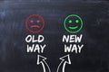 Difference between old way and new way, illustrated with happy and sad faces on chalkboard Royalty Free Stock Photo