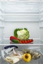 The difference between the produce shelf with fresh vegetables and the shelf with rotten packaged products in the refrigerator. Royalty Free Stock Photo