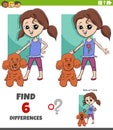 Differences game with cartoon girl and her poodle dog Royalty Free Stock Photo