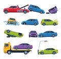 Different Accidents on the Road Set, Damaged Car Vehicles Flat Vector Illustration Royalty Free Stock Photo