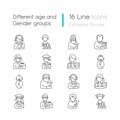 Different age and gender groups linear icons set