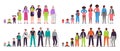 Different ages people characters. Little baby, boy and girl kids, african teenagers, adult man and woman, old seniors