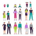 Different ages people couples. Man and woman characters couple, seniors persons, boy and girl kids vector illustration set. Sister Royalty Free Stock Photo