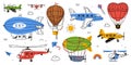 Different Aircraft with Hot Air Balloon and Plane Vector Set Royalty Free Stock Photo