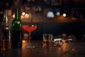 Different alcohol beverages on counter in bar