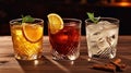 Different alcoholic cocktails with old-fashioned glasses on wood table. Generative AI Royalty Free Stock Photo