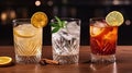 Different alcoholic cocktails with old-fashioned glasses on wood table. Generative AI Royalty Free Stock Photo