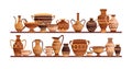 Different ancient greek ceramic dishware on shelves vector flat illustration. Clay pots, vases, amphoras, jars and bowls