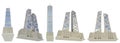 Set of 5 renders of fictional design corporate skyscrapers of two crystal towers with sky reflection - isolated on white,