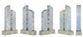 5 different angles views renders of fictional design corporate tall buildings with two towers with sky reflections - isolated on