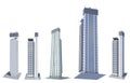 Set of 5 renders of fictional design high tech skyscrapers living towers with sky reflection - isolated on white, different angles