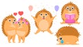 Different Animal Hedgehogs Celebrating Birthday, Reading Book, Crying Sad Tear, Hugs Vector Royalty Free Stock Photo