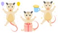 Different Animal Opossum Celebrating Birthday With Balloons, Surprised By The Gift, Drunk With A Mug Of Beer Vector