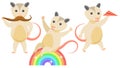 Different Animal Opossum Twists His Mustache, Rides A Rainbow, Launches A Paper Airplane Vector