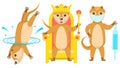 Different Animal Otters Dives Into The Water, King Sits On A Throne Wearing A Crown, Masked Doctor With Syringe