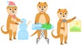 Different Animal Otters Hanging A Picture With A Hammer, Ironing Clothes, Making A Snowman Vector Royalty Free Stock Photo