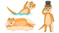 Different Animal Otters In A Top Hat And With A Cane, Swim, Floats, Sleeping On A Cloud Vector Royalty Free Stock Photo