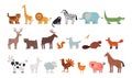 Different animals. Farm savanna forest fauna, isolated wildlife characters. Wolf tiger bear deer squirrel, fox and sheep