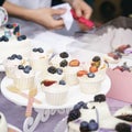 Different appetizing tartlets, cake basket with white cream and fresh multi-colored berries, summer dessert, hands of