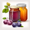 Different appetizing tasty plums and a jar of plum marmalade jam nearby, isolated on a white background close-up,