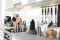 Different appliances and utensils on kitchen counter Royalty Free Stock Photo