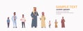 Different arabic men group standing together arab businessmen wearing traditional clothes male arabian cartoon