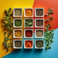 Different aromatic spices and herbs arranged in small white bowls Royalty Free Stock Photo