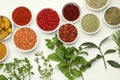 Different aromatic spices and herbs on white background, flat lay Royalty Free Stock Photo