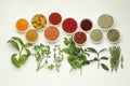 Different aromatic spices and herbs on white background, flat lay Royalty Free Stock Photo