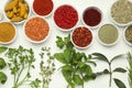 Different aromatic spices and herbs on white background, flat lay Royalty Free Stock Photo