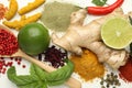 Different aromatic spices, lime and herbs on white background, closeup Royalty Free Stock Photo