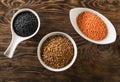 Different assorted lentils mix with red, brown and black beluga lentils in white bowls on brown wooden table background top view